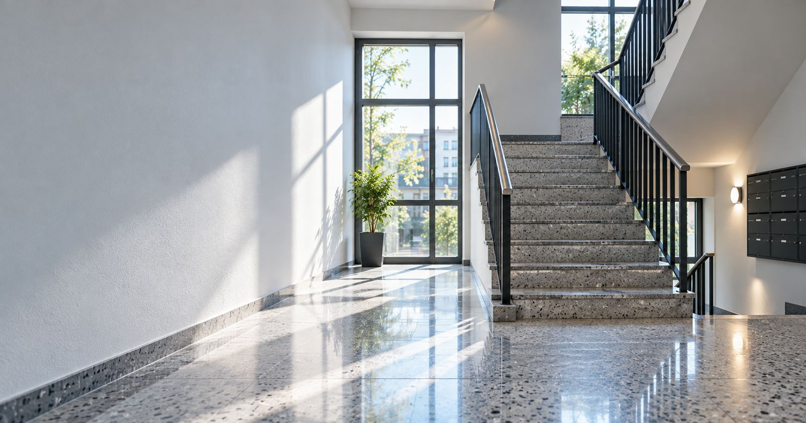 Frisch gereinigtes Treppenhaus in einem Mehrfamilienhaus im Morgenlicht